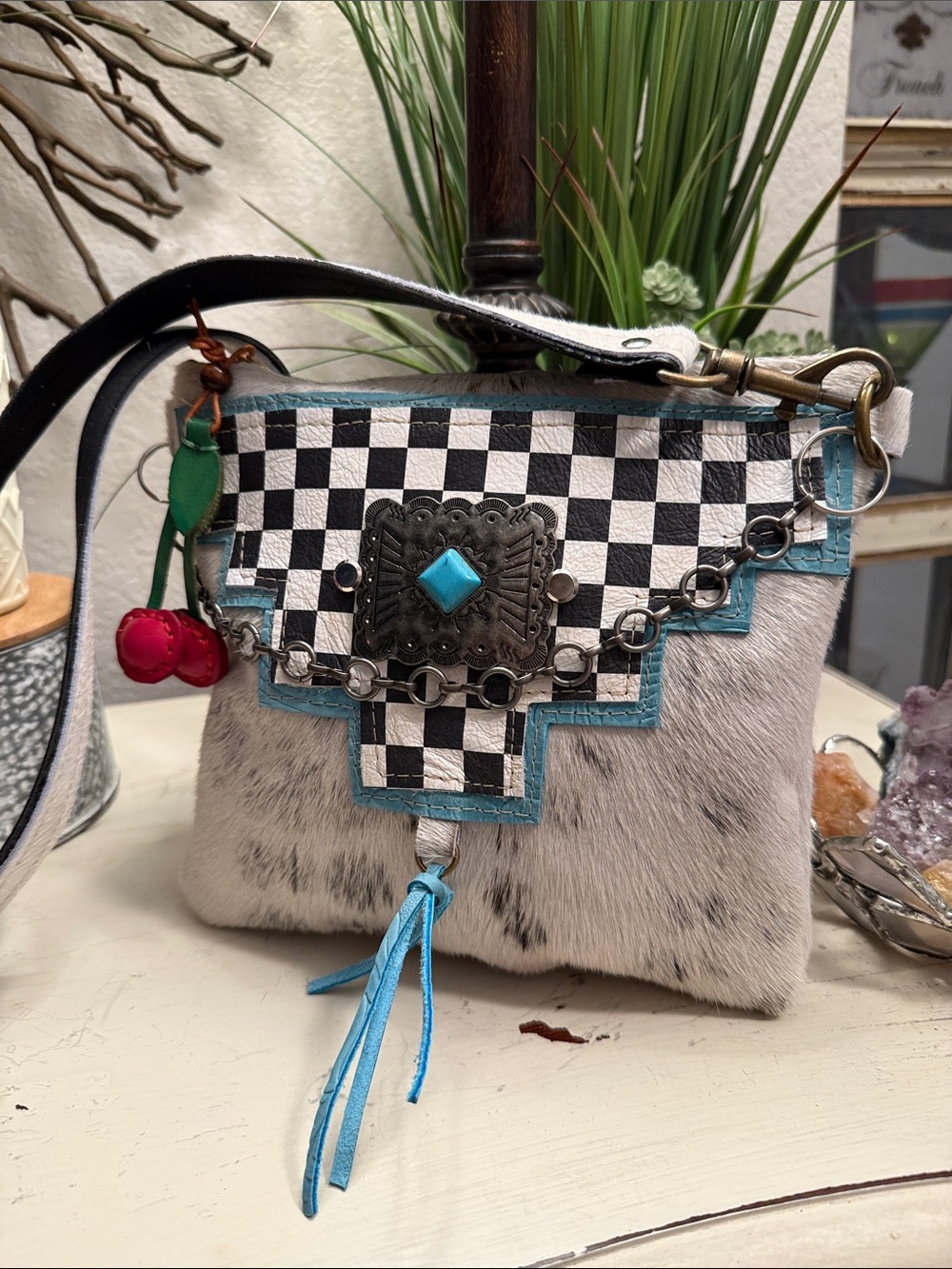 Western cowhide Leather & Cream Hair on hide Fur Crossbody with Turquoise